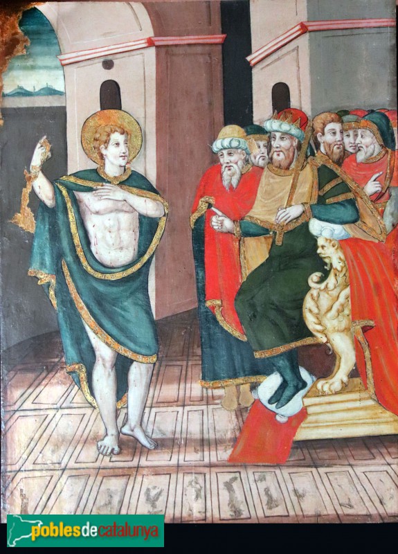 Caldes de Montbui - Retaule de Sant Sebastià de Montmajor. Sant Sebastià davant Dioclecià, per segon cop (Foto: Albert Esteves, 2022) Caldes de Montbui - Retaule de Sant Sebastià de Montmajor. Sant Sebastià davant Dioclecià, per segon cop