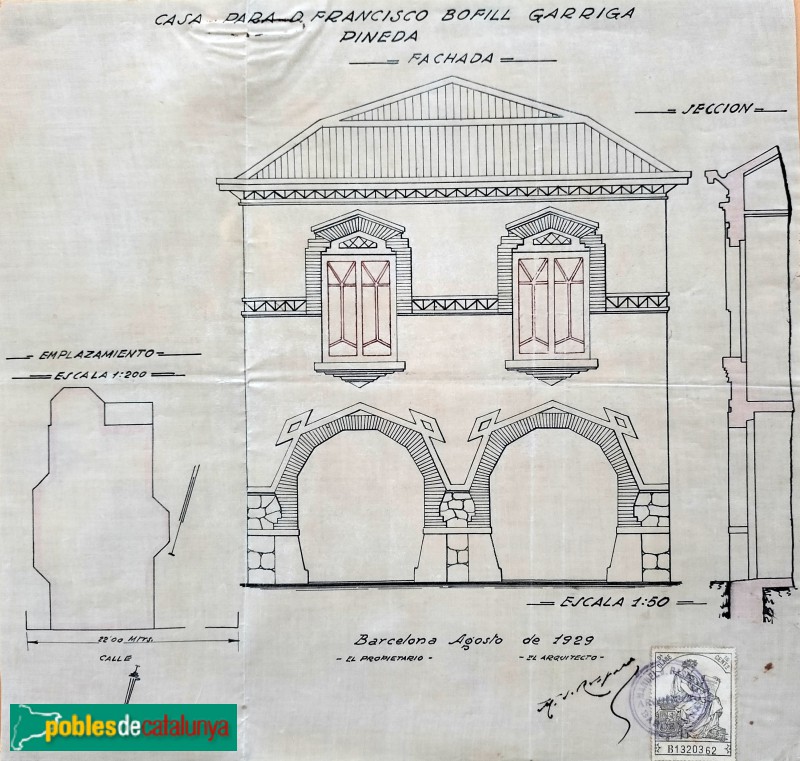 Pineda - Casa del Doctor Bartomeu. Plànol façana, 1929 (Arxiu Municipal de Pineda de Mar)