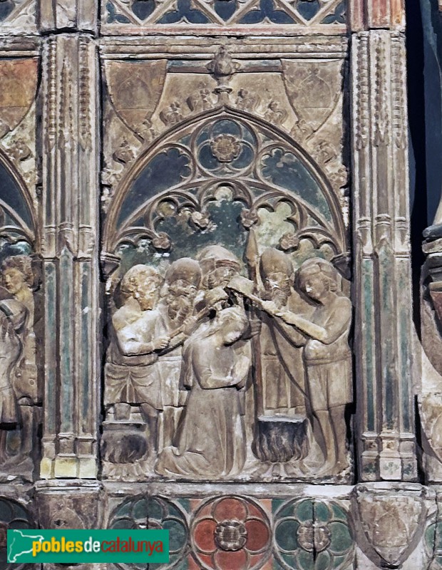 Lleida - Església de Sant Llorenç. Retaule de Santa Llúcia. la santa martiritzada amb oli bullent (Foto: Albert Esteves, 2025) Lleida - Església de Sant Llorenç. Retaule de Santa Llúcia. la santa martiritzada amb oli bullent