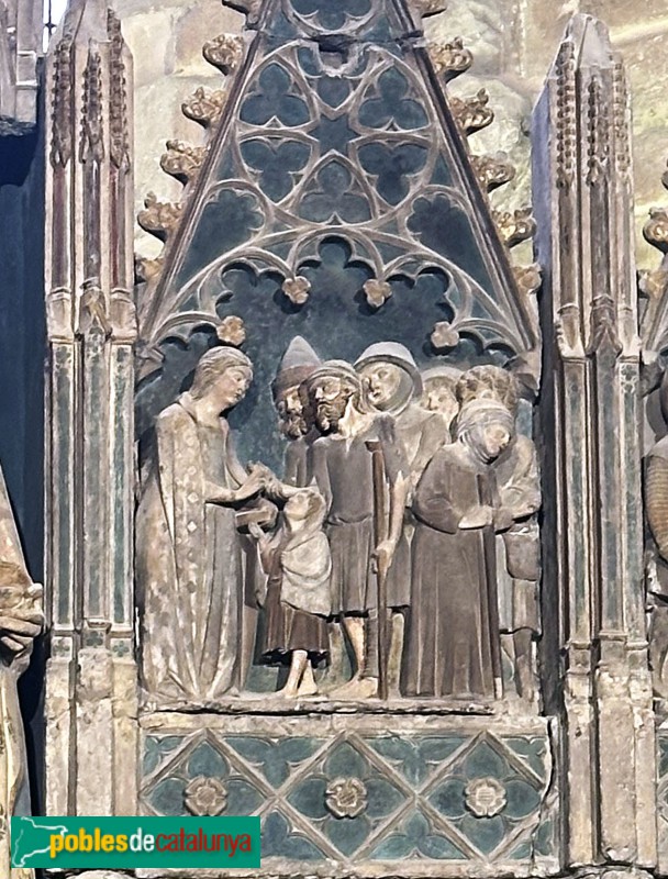 Lleida - Església de Sant Llorenç. Retaule de Santa Llúcia. La santa repartint els seus bens als pobres (Foto: Albert Esteves, 2025) Lleida - Església de Sant Llorenç. Retaule de Santa Llúcia. La santa repartint els seus bens als pobres