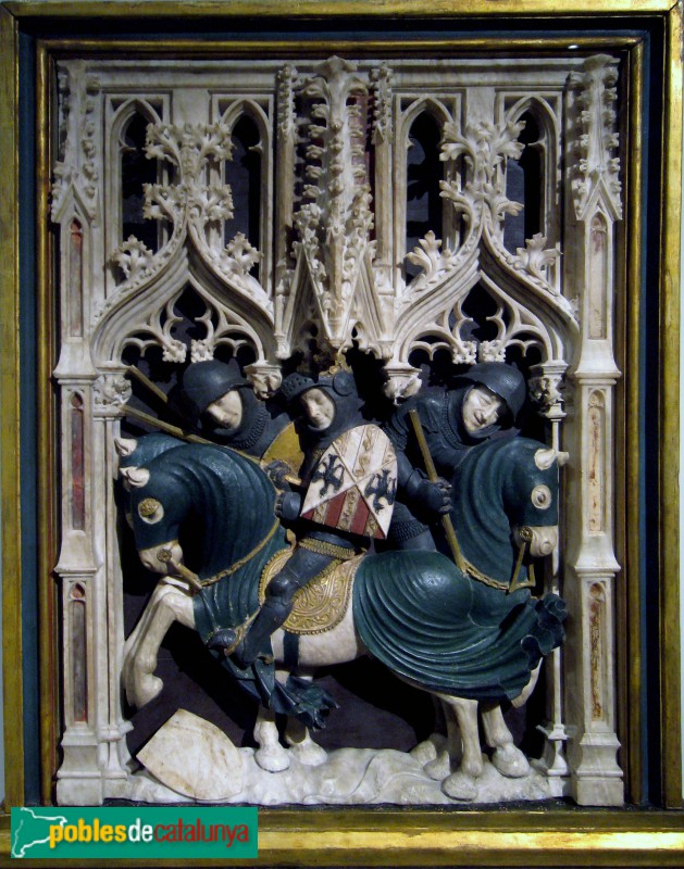Monestir de Poblet - Sepulcres reials. Relleu amb la cerimònia de córrer les armes, atribuït a Pere Joan. Museu del Louvre, París Monestir de Poblet - Sepulcres reials. Relleu amb la cerimònia de córrer les armes, atribuït a Pere Joan. Museu del Louvre, París