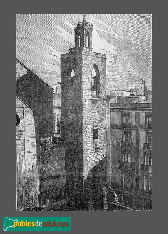 Reproducció de la plana d'un llibre amb un gravat de la torre de l'església de Sant Miquel Reproducció de la plana d'un llibre amb un gravat de la torre de l'església de Sant Miquel