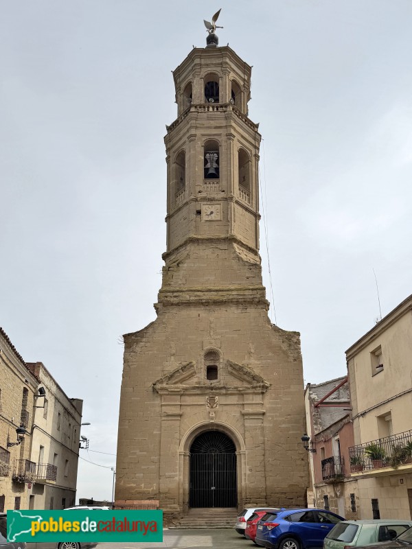 Almenar - Església de Santa Maria. Campanar i portada barroca